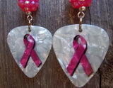 Pink Ribbon Guitar Pick Earrings with Pink Rhinestone Beads