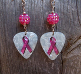Pink Ribbon Guitar Pick Earrings with Pink Rhinestone Beads