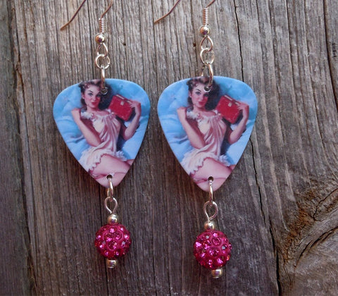 Pin Up Girl in Pink Babydoll Nightgown Guitar Pick Earrings with Fucshia Pave Dangle