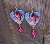 Pin Up Girl in Pink Babydoll Nightgown Guitar Pick Earrings with Fucshia Pave Dangle