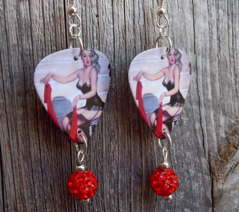 Classic Pin Up Woman in Black Lingerie Guitar Pick Earrings with Red Pave Bead Dangles