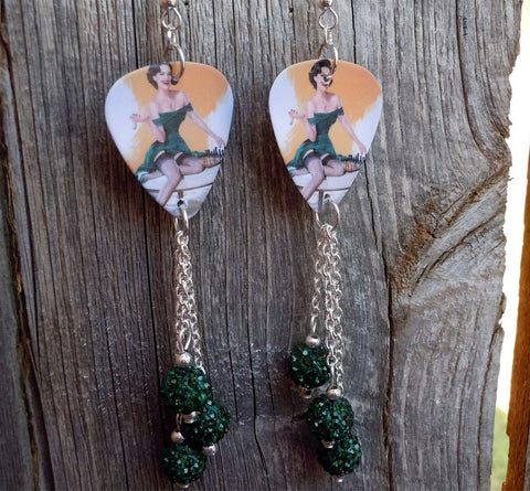 Pin Up Girl Playing Chess Guitar Pick Earrings with Green Pave Bead Dangles