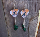 Pin Up Girl Playing Chess Guitar Pick Earrings with Green Pave Bead Dangles