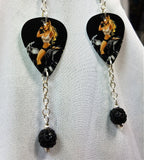 Biker Chick Pin Up Guitar Pick Earrings with Black Pave Bead Dangles