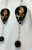 Biker Chick Pin Up Guitar Pick Earrings with Black Pave Bead Dangles