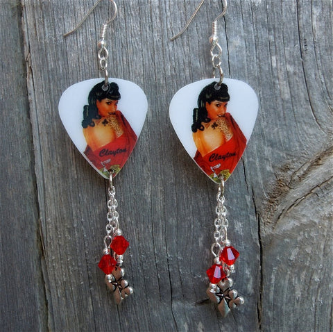 Pin Up Card Girl Guitar Pick Earrings with Red Swarovski Crystal Dangles
