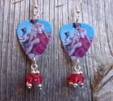 Pin Up Girl with Puppy Guitar Pick Earrings with Pink Swarovski Crystal Dangles