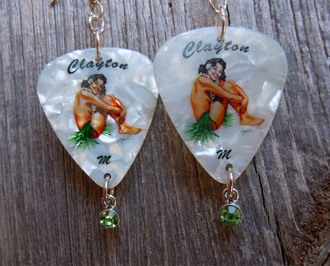 Brunette Hawaiian Pin Up Girl Guitar Pick Earrings with Peridot Green Crystal Charm Dangles