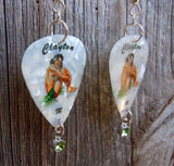 Brunette Hawaiian Pin Up Girl Guitar Pick Earrings with Peridot Green Crystal Charm Dangles