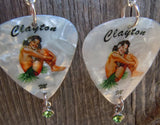 Brunette Hawaiian Pin Up Girl Guitar Pick Earrings with Peridot Green Crystal Charm Dangles