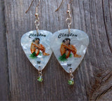 Brunette Hawaiian Pin Up Girl Guitar Pick Earrings with Peridot Green Crystal Charm Dangles