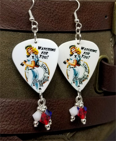 Coast Guard Pin Up Girl Guitar Pick Earrings with Swarovski Crystal Dangles