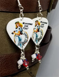 Coast Guard Pin Up Girl Guitar Pick Earrings with Swarovski Crystal Dangles