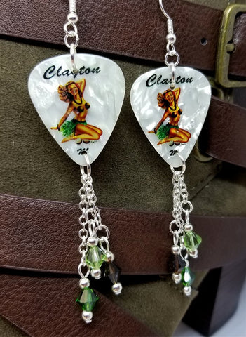 Brunette Hawaiian Pin Up Girl Guitar Pick Earrings with Swarovski Crystal Dangles