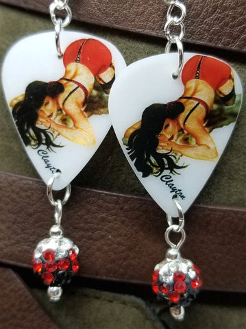 Brunette Pin Up Girl In Red and Black Lingerie Guitar Pick Earrings with Pave Bead Dangles