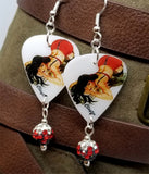 Brunette Pin Up Girl In Red and Black Lingerie Guitar Pick Earrings with Pave Bead Dangles