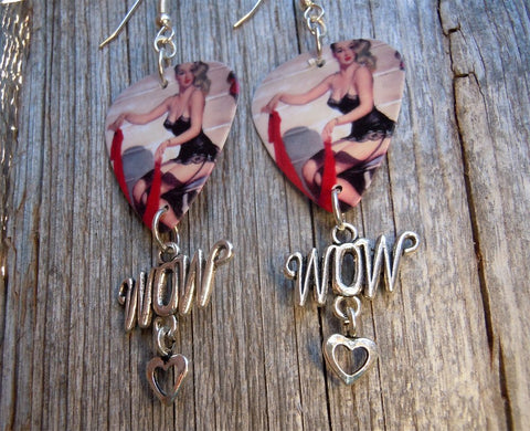 Classic Pin Up Women in Black Lingerie Guitar Pick Earrings with a Wow Charm Dangle