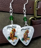 Blonde Hawaiian Pin Up Girl Guitar Pick Earrings with Green Swarovski Crystals
