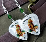 Blonde Hawaiian Pin Up Girl Guitar Pick Earrings with Green Swarovski Crystals