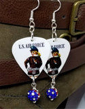 U.S. Air Force Pin Up Girl Guitar Pick Earrings with American Flag Pave Bead Dangles