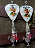 Hawaiian Pin Up Girl Guitar Pick Earrings with Charm and Red Swarovski Crystal Dangles