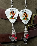 Hawaiian Pin Up Girl Guitar Pick Earrings with Charm and Red Swarovski Crystal Dangles