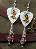 Hawaiian Pin Up Girl Guitar Pick Earrings with Charm and Red Swarovski Crystal Dangles