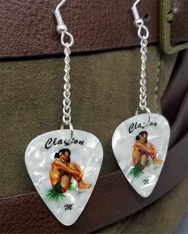 Brunette Hawaiian Pin Up Girl Dangling Guitar Pick Earrings