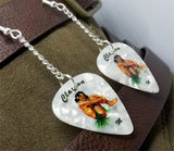 Brunette Hawaiian Pin Up Girl Dangling Guitar Pick Earrings