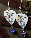 Coast Guard Pin Up Girl Guitar Pick Earrings with American Flag Pave Bead Dangles