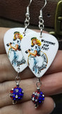 Coast Guard Pin Up Girl Guitar Pick Earrings with American Flag Pave Bead Dangles
