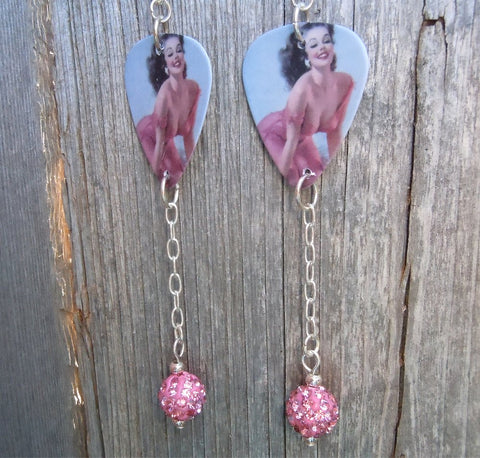 Pin Up Girl in Pink Dress Guitar Pick Earrings with Pink Pave Bead Dangles