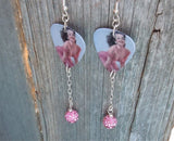 Pin Up Girl in Pink Dress Guitar Pick Earrings with Pink Pave Bead Dangles