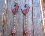 Pin Up Girl in Pink Dress Guitar Pick Earrings with Pink Pave Bead Dangles