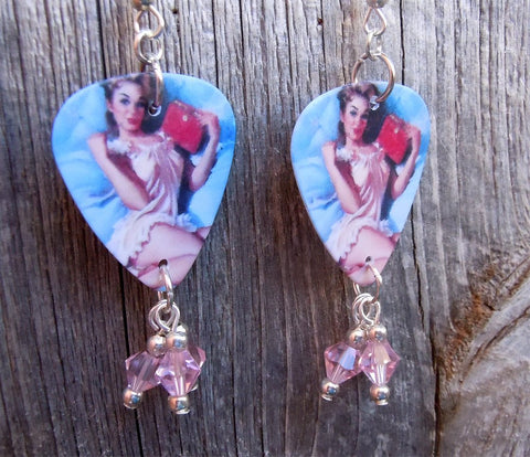 Pin Up Girl in Pink Babydoll Nightgown Guitar Pick Earrings with Pink Swarovski Crystal Dangles