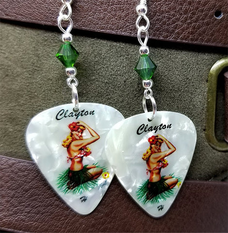 Blonde Hawaiian Pin Up Girl Guitar Pick Earrings with Emerald Green Swarovski Crystals