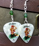 Blonde Hawaiian Pin Up Girl Guitar Pick Earrings with Emerald Green Swarovski Crystals