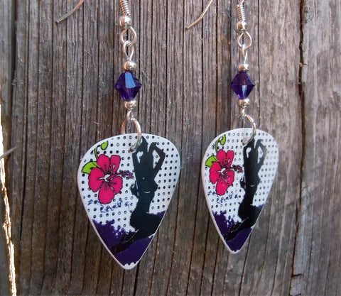 Pin Up Bunny Silhouette Guitar Pick Earrings with Purple Swarovski Crystals