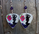 Pin Up Bunny Silhouette Guitar Pick Earrings with Purple Swarovski Crystals