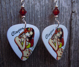 Illustrated Bikini Clad Red Head Guitar Pick Earrings with Crystals