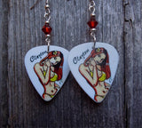 Illustrated Bikini Clad Red Head Guitar Pick Earrings with Crystals