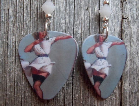 Flirty Pin Up Girl Guitar Pick Earrings with White Alabaster Swarovski Crystals
