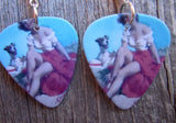 Pin Up Girl with Puppy Guitar Pick Earrings with Pink Swarovski Crystals
