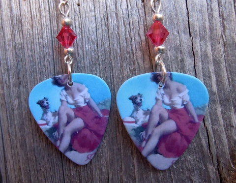 Pin Up Girl with Puppy Guitar Pick Earrings with Pink Swarovski Crystals