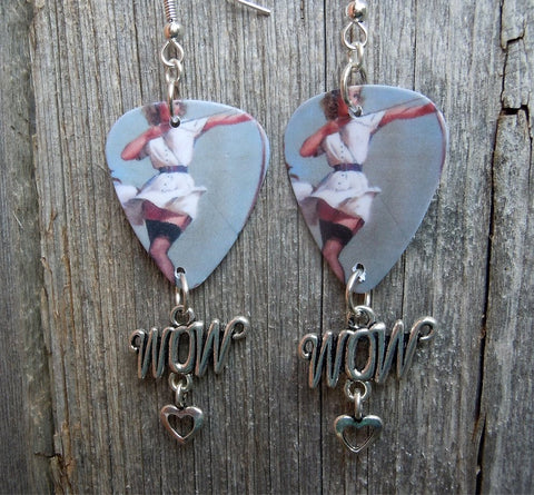 Classic Pin Up Women in White Dress Guitar Pick Earrings with a Wow Charm