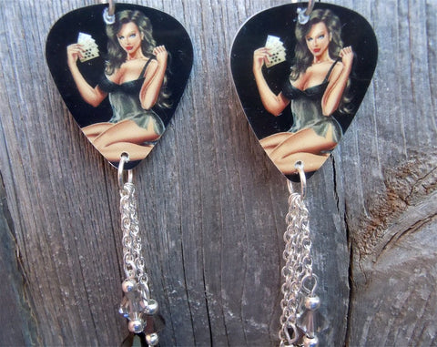 Card Playing Pin Up Girl Guitar Pick Earrings with Charm and Swarovski Crystal Dangles
