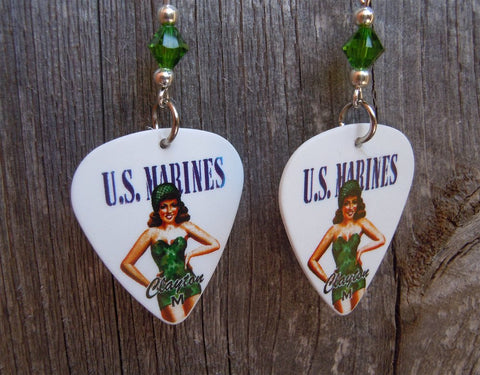 Marine Pin Up Girl Guitar Pick Earrings with Green Swarovski Crystals