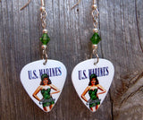 Marine Pin Up Girl Guitar Pick Earrings with Green Swarovski Crystals