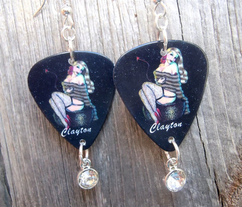 Pin Up Girl with a Fur Stole on Guitar Pick Earrings with a Crystal Charm