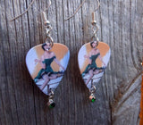 Pin Up Girl Playing Chess Guitar Pick Earrings with Crystal Charm Dangle
